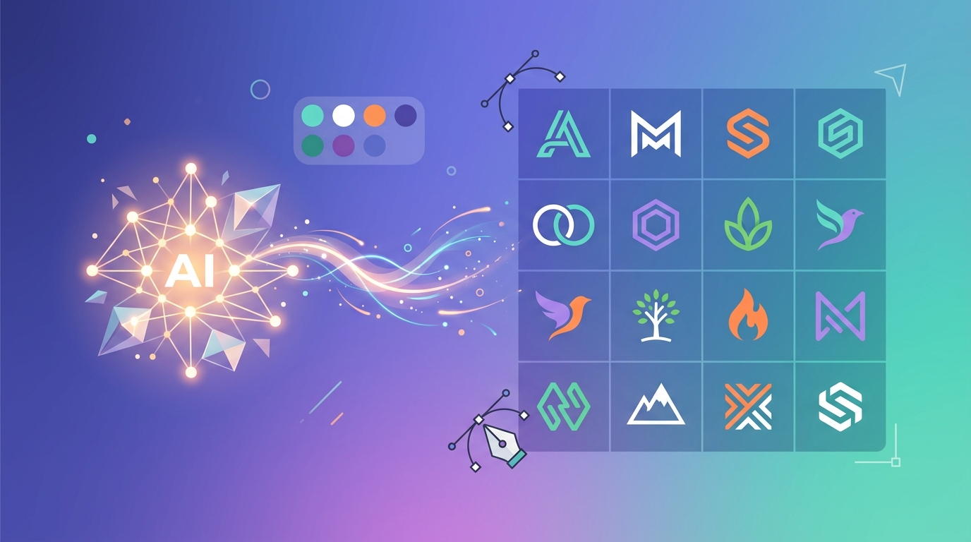 A glowing AI spark transforming into a grid of clean, abstract logo marks, representing AI-powered logo generation