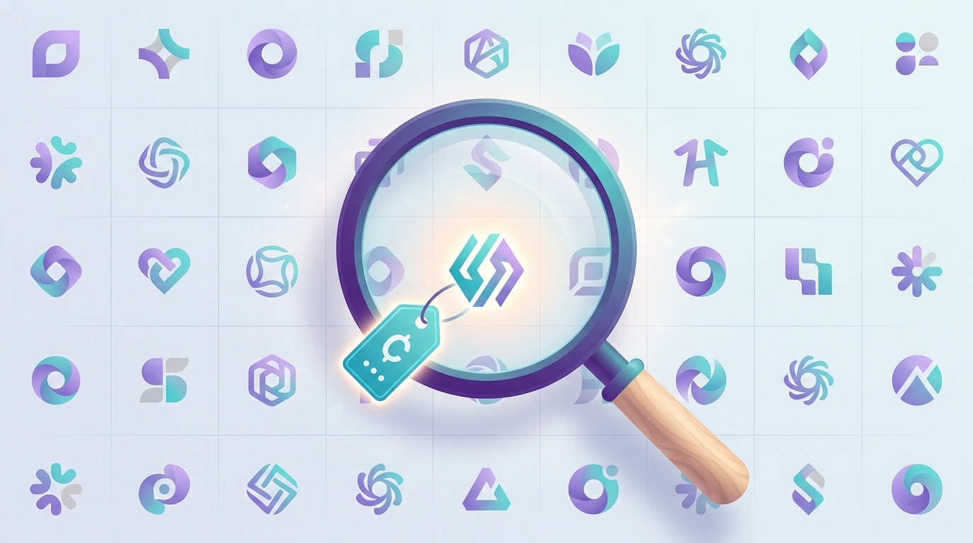 A magnifying glass examining a grid of modern logo marks, one glowing with a price tag attached, representing an in-depth Looka review