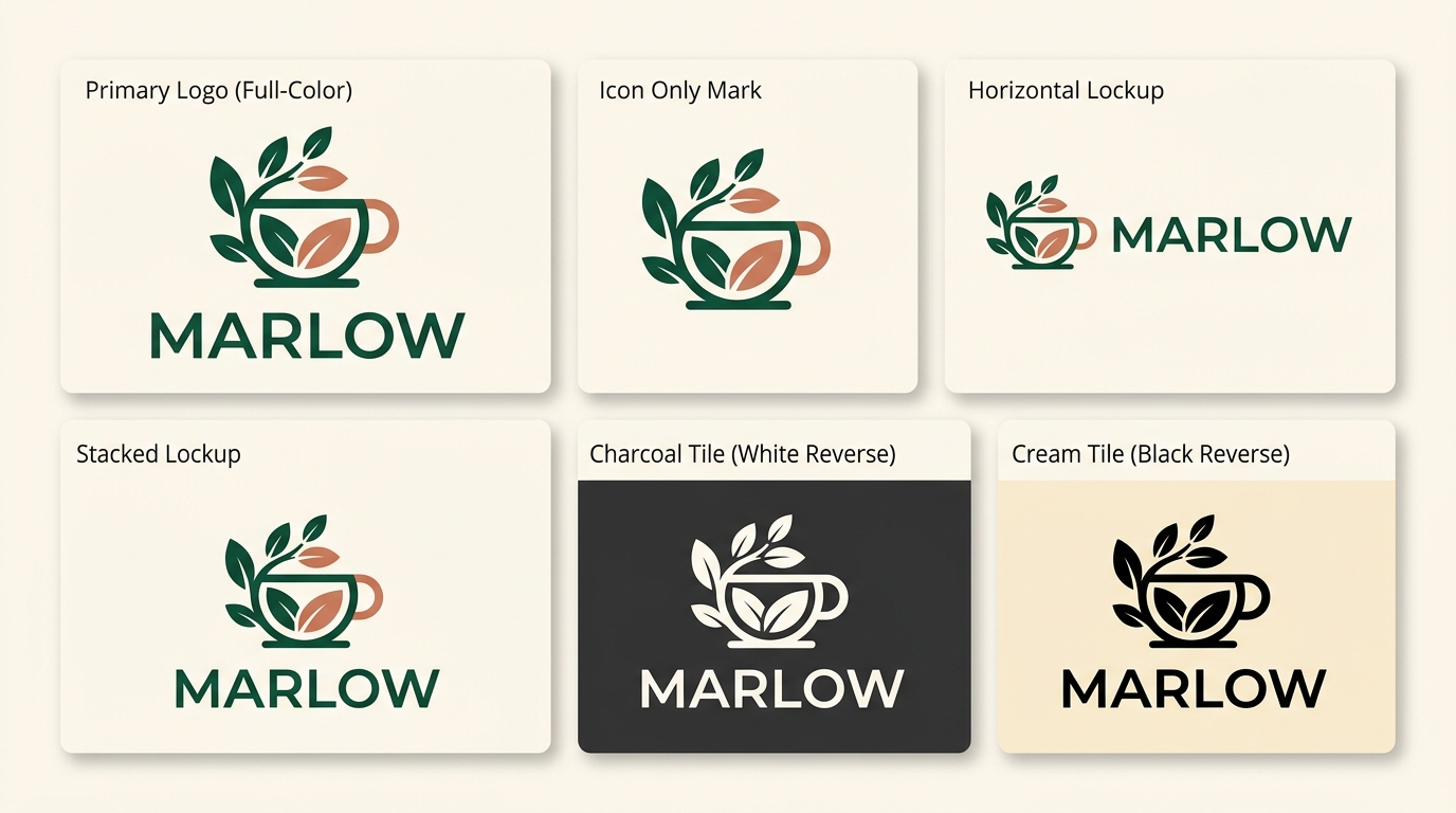 Diagram of a complete logo suite for a fictional coffee brand: primary full-color logo, icon-only mark, horizontal lockup, stacked lockup, and white and black versions shown on light and dark tiles