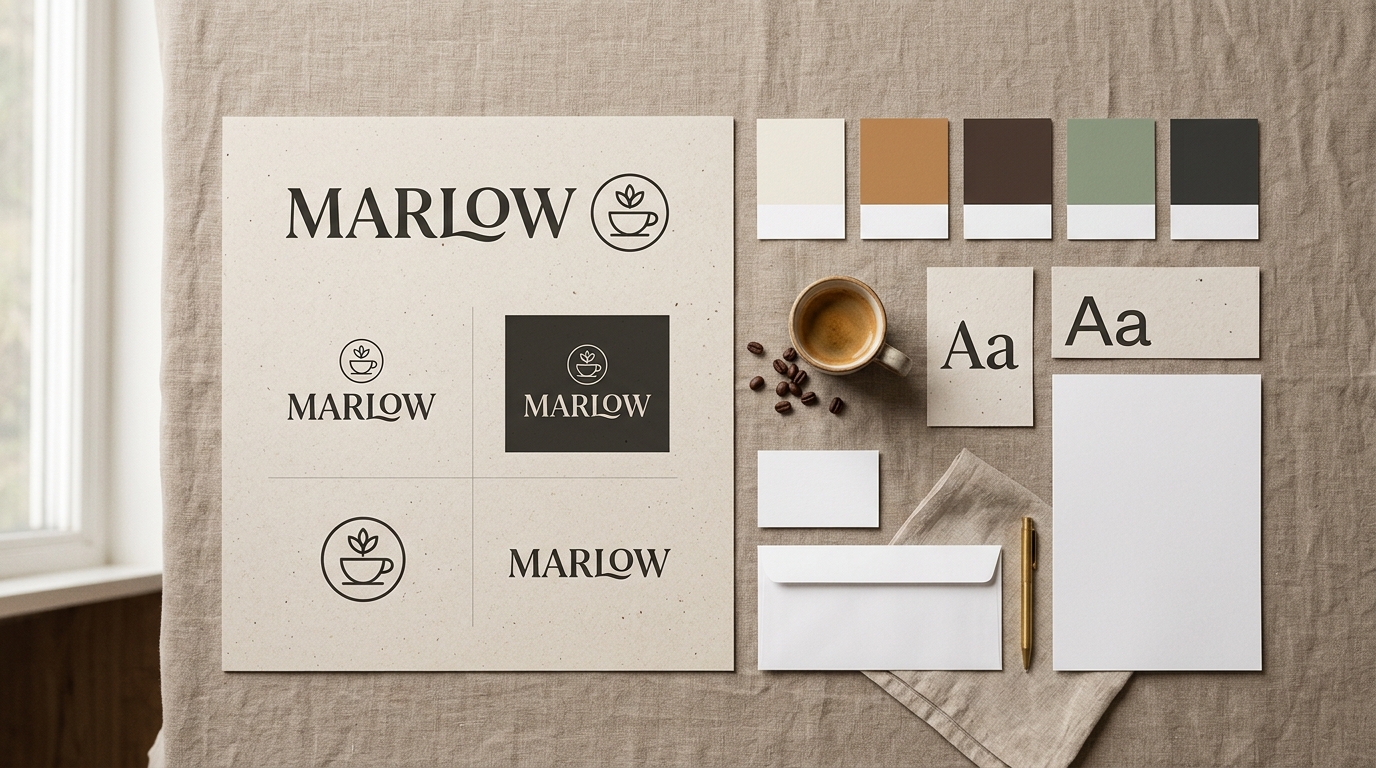 Flat-lay of a small business brand kit for a fictional coffee brand, showing logo variations, color swatch cards, typography specimens, and matching business cards arranged on a desk